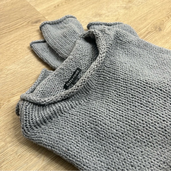 Eileen Fisher 100% Organic Cotton Thick Textured Knit Mock Neck Blue Sweater - Picture 6 of 16